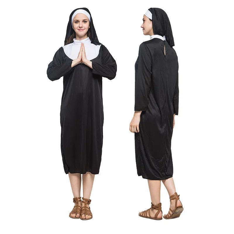 Women’s Traditional Nun Costume Black Robe for Halloween