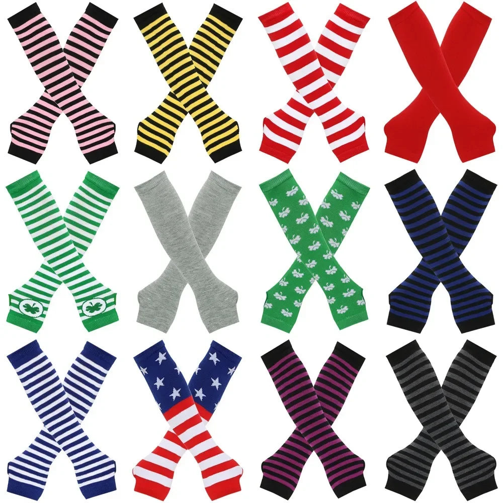 Long Knitted Fingerless Elbow Gloves with Striped Design