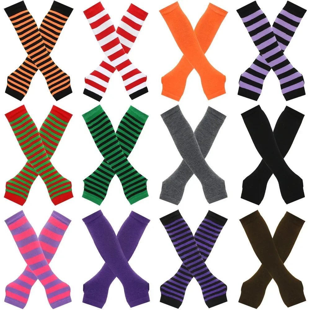 Long Knitted Fingerless Elbow Gloves with Striped Design