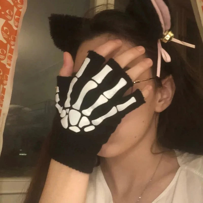Punk Gloves Halloween Skeleton Half Finger Gloves Glow In The Dark Fingerless Mittens Men Women Elasticity Knitted Skull Mittens
