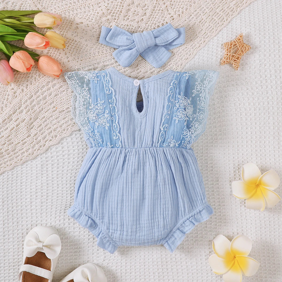 2PCS Newborn Baby Girl Romper Plain Soft Bodysuit Lace Sleeveless Onesie+Headband Summer Costume Toddler Girl Clothes 0-18Months