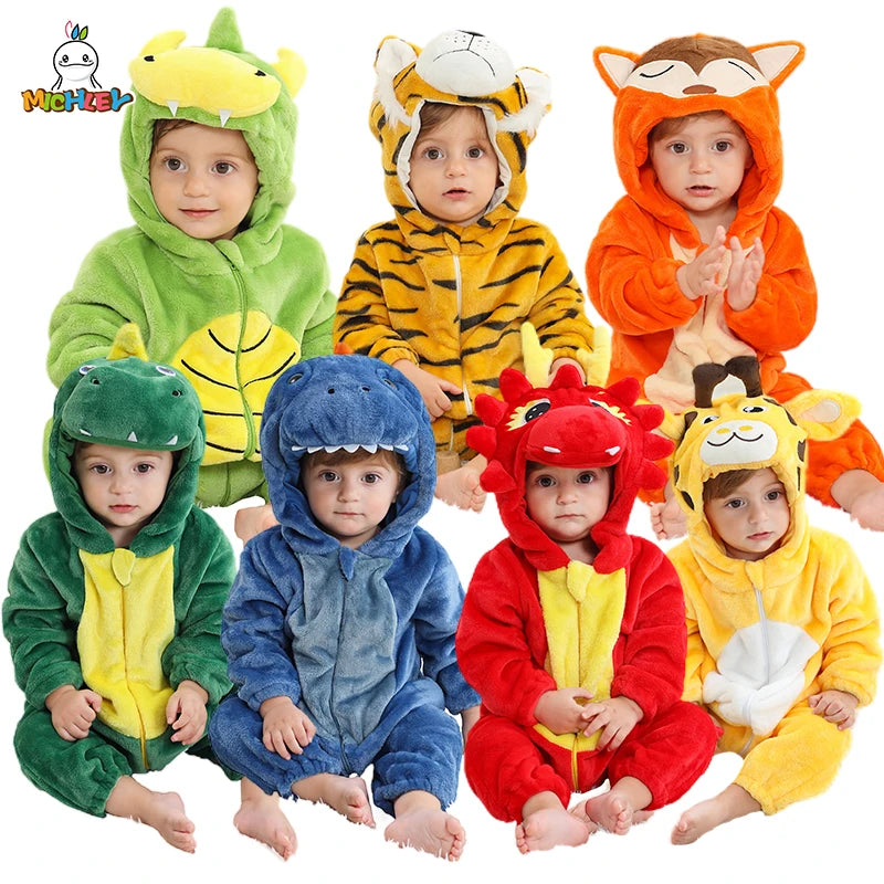 MICHLEY Carniva Baby Rompers Winter Clothes Flannel Hooded Bodysuits Pajamas Animals Overall Jumpsuit For Girls Boys Kids