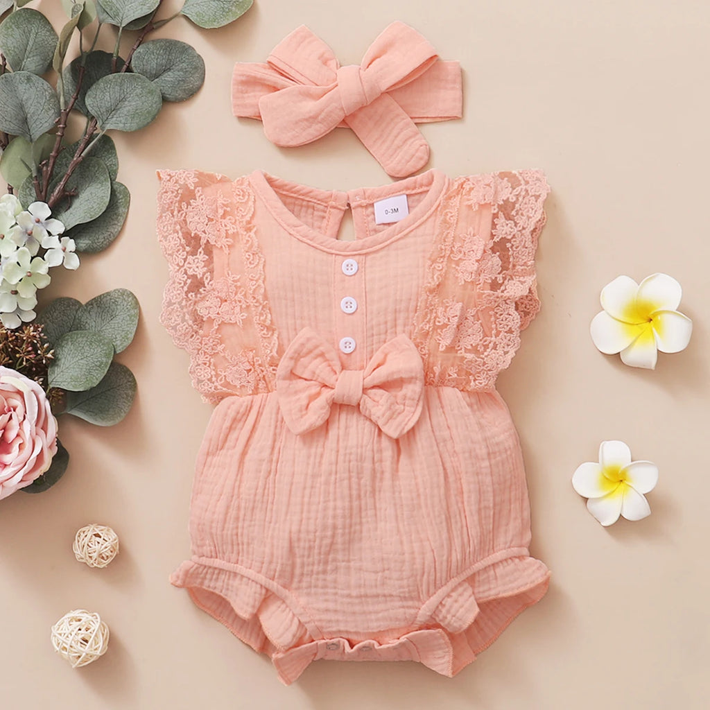 2PCS Newborn Baby Girl Romper Plain Soft Bodysuit Lace Sleeveless Onesie+Headband Summer Costume Toddler Girl Clothes 0-18Months