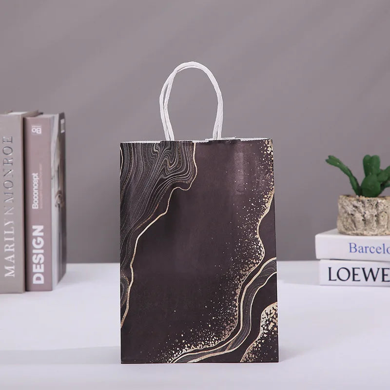 5 pcs Marble Design Kraft Paper Gift Bag with Handle Birthday Party Packaging Bags Wedding Gifts for Guest Eid Ramadan Supplies