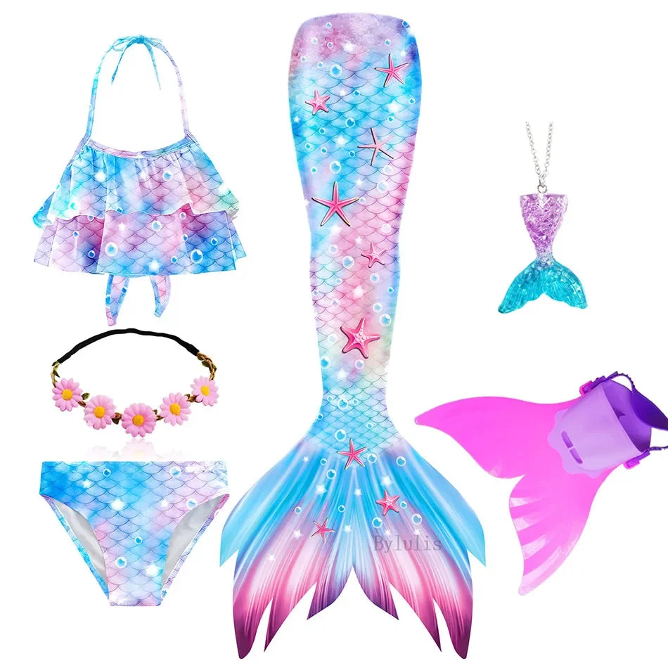 Girls Mermaid Tail Swimsuit Costume with Optional Monofin
