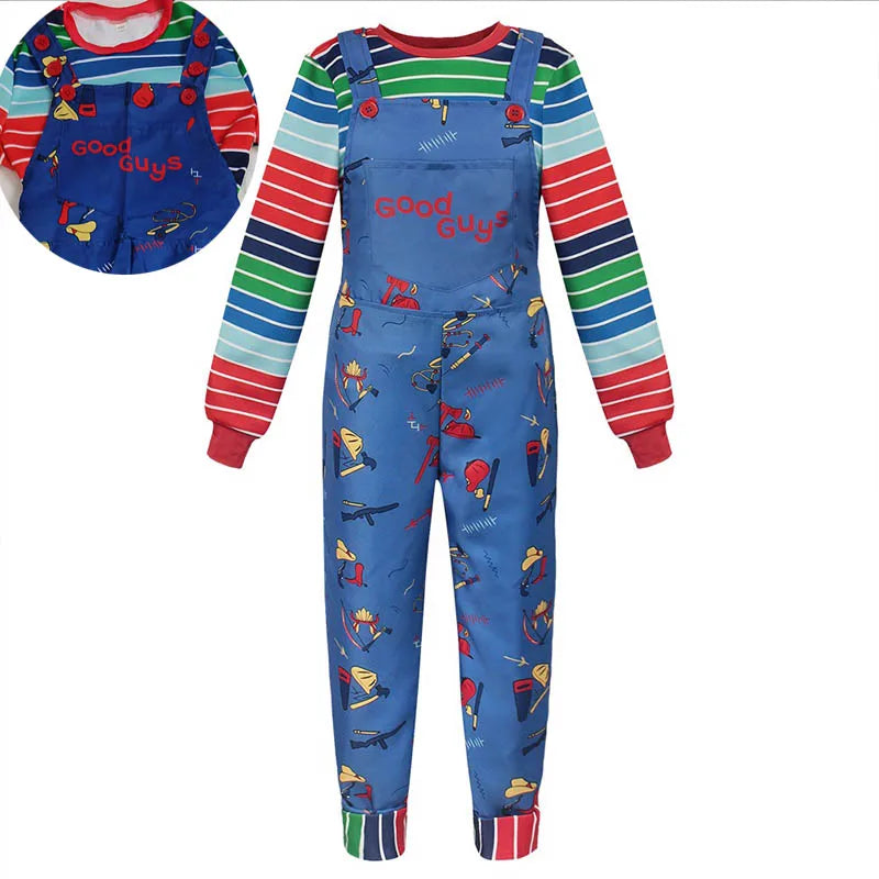 Adult Horror Doll Costume with Striped Shirt & Jumpsuit