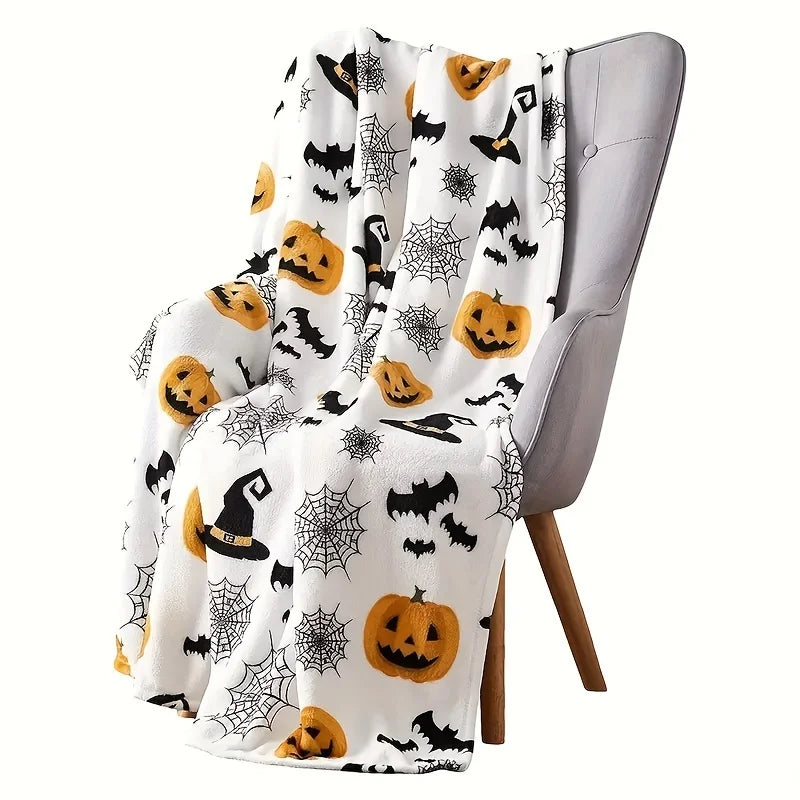 1pc Halloween Theme Flannel Blanket Spider Web Witch Hat Black Bat Pumpkin Print Soft Cozy Throw Blankets perfect Gifts