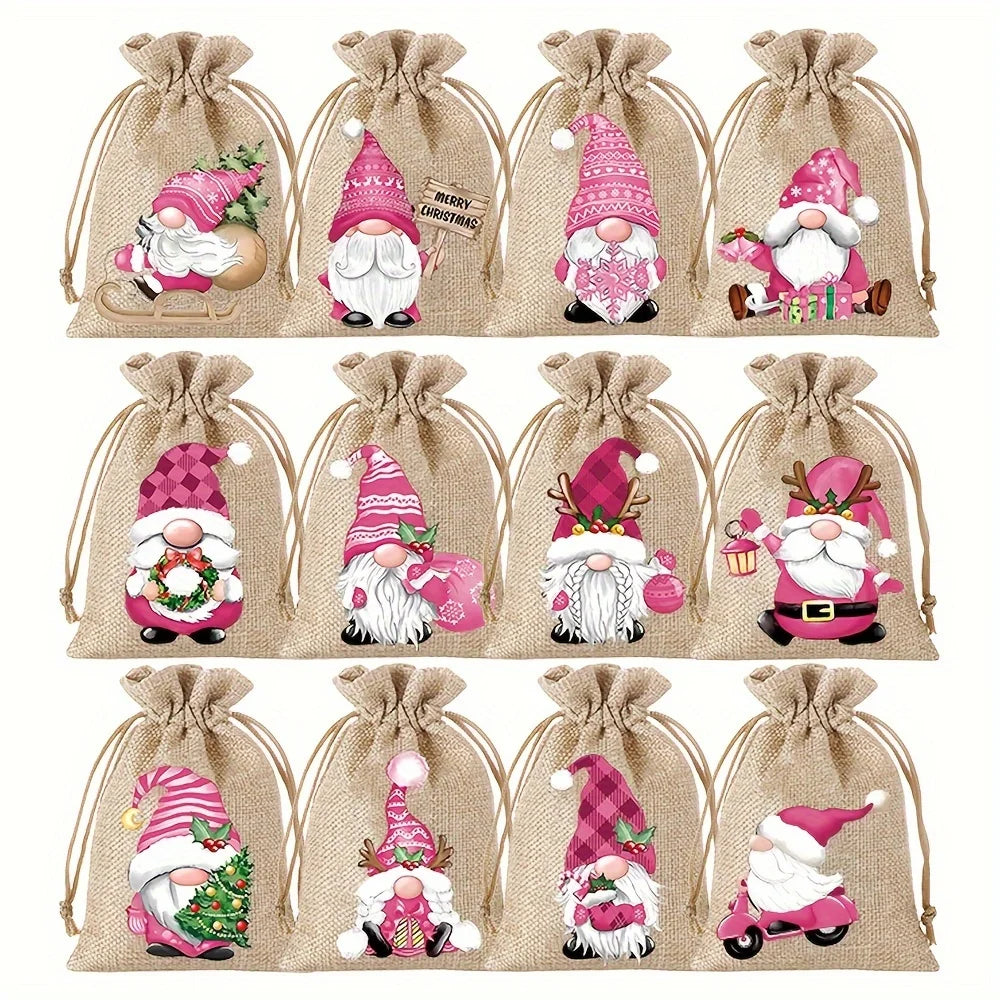 12pcs Set 13*18cm New Christmas Linen Drawstring Gift Bags, Jewelry Gift Bags, Party Drawstring Gift Pouches in Random Patterns