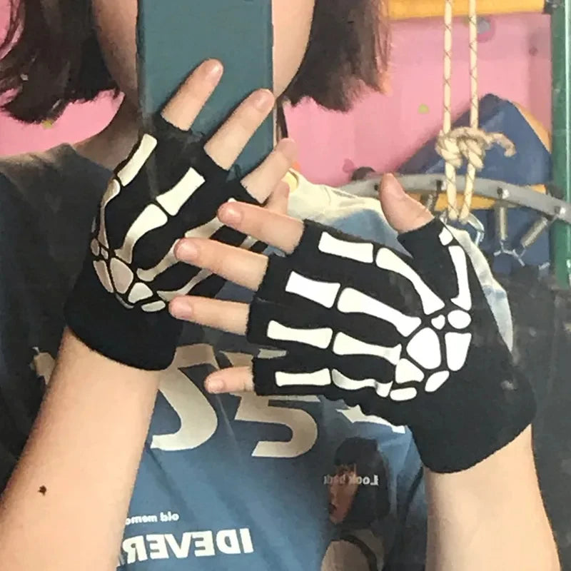 Punk Gloves Halloween Skeleton Half Finger Gloves Glow In The Dark Fingerless Mittens Men Women Elasticity Knitted Skull Mittens
