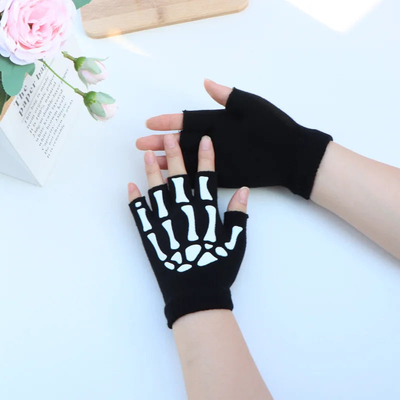 Halloween Skeleton Skull Half Finger Luminous  Fingerless Stretch Knitted Gloves Skull Fingerless Black Mitten