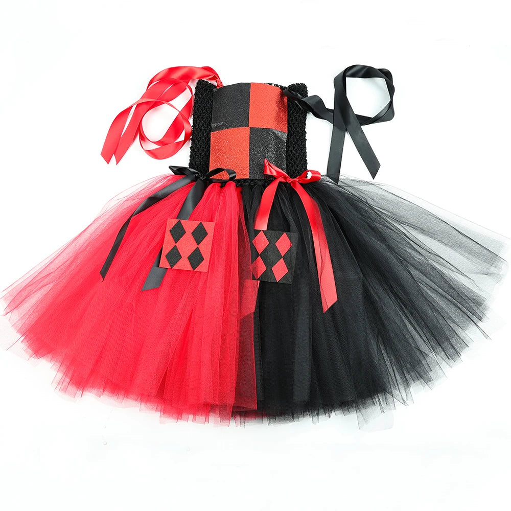 Girls Red Black Clown Costume Tulle Tutu Dress