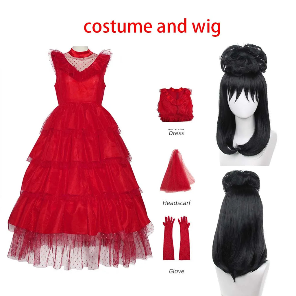 Gothic Red Wedding Dress Costume with Veil & Gloves