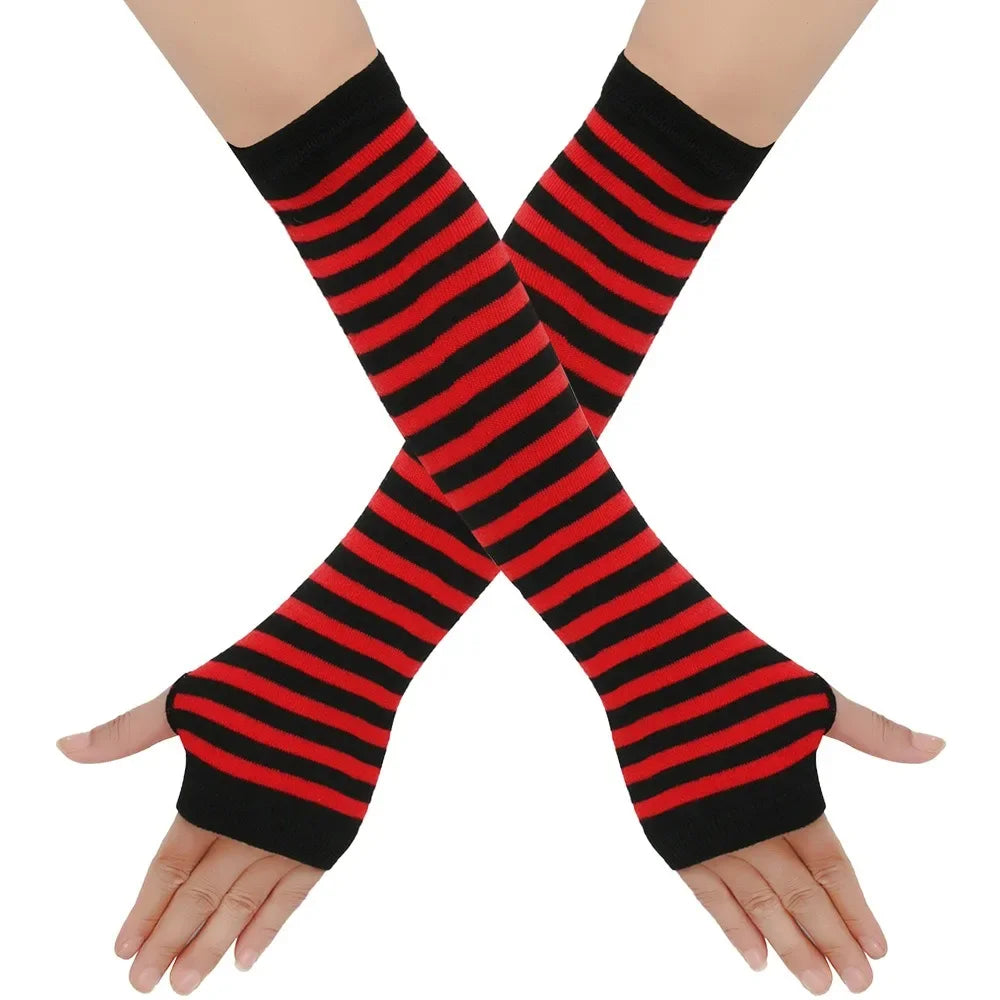 Long Knitted Fingerless Elbow Gloves with Striped Design