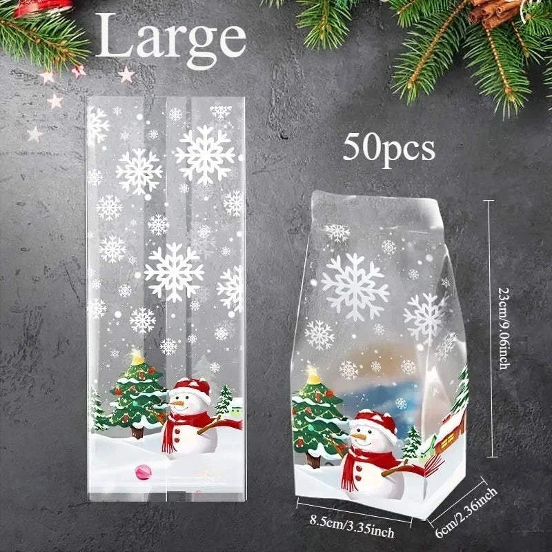 50pcs Christmas Snowman Transparent Candy Bag Gifts Cookie Baking Packaging Bags Xmas Winter Party Decoration New Year