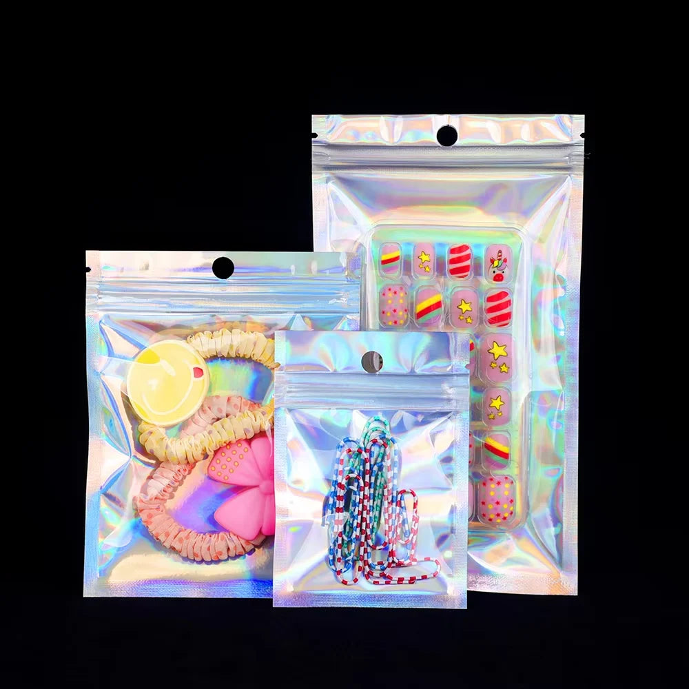 Holographic Bag Multi-size Laser Rainbow Pattern Self-sealing Bag for Candy Food Necklace Jewelry Gift Resealable Packaging Bag