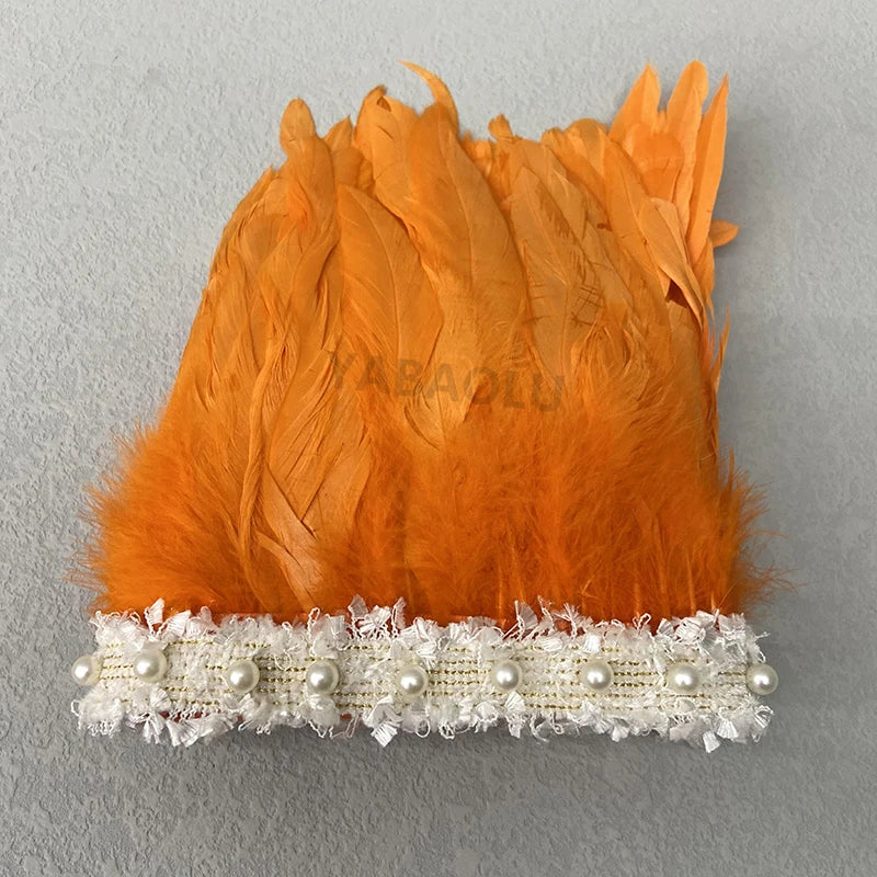 Natural Feather Wrist Cuffs Elegant Fur Sleeve Arm Accessories Gothic Halloween Cosplay Feather Gloves Pearl Arm Cuff 2pcs