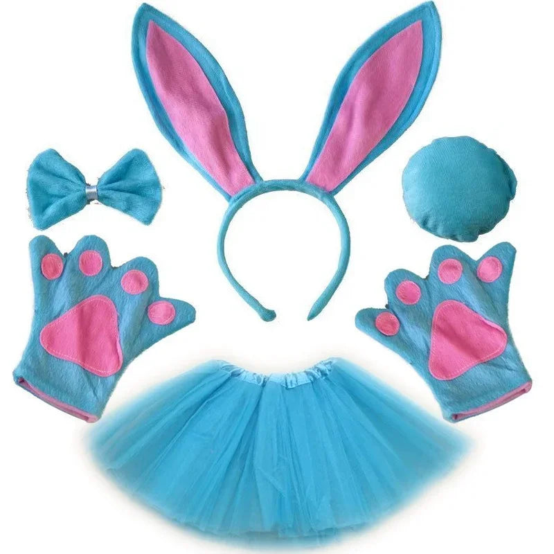Women Girls Plush Animal Easter Bunny Ear Headband Tail Bow Skirt Birthday Party Baby Shower Halloween Rabbit Cosplay Costume