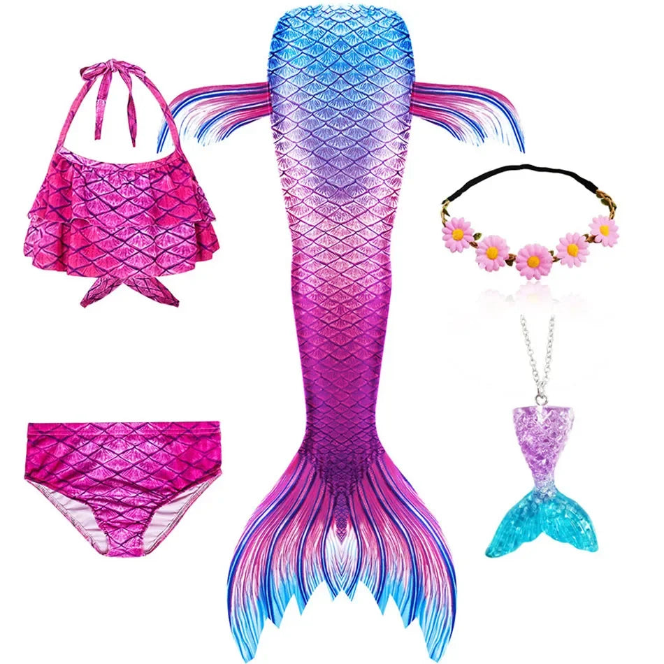 Girls Mermaid Tail Swimsuit Costume with Optional Monofin
