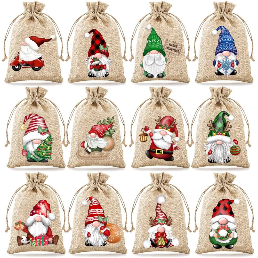 12pcs Set 13*18cm New Christmas Linen Drawstring Gift Bags, Jewelry Gift Bags, Party Drawstring Gift Pouches in Random Patterns