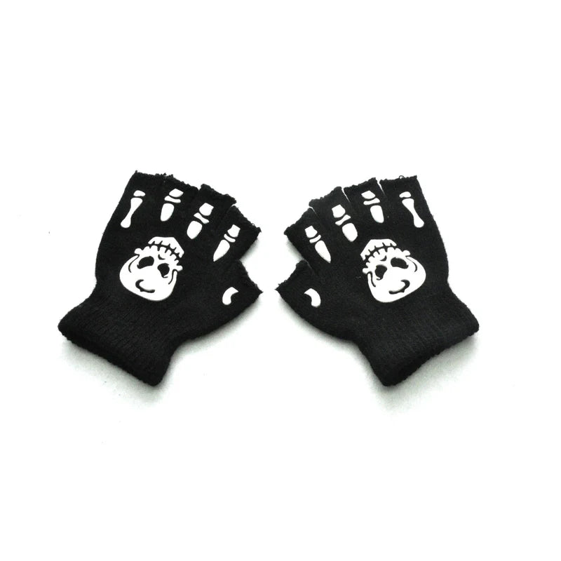 Punk Gloves Halloween Skeleton Half Finger Gloves Glow In The Dark Fingerless Mittens Men Women Elasticity Knitted Skull Mittens