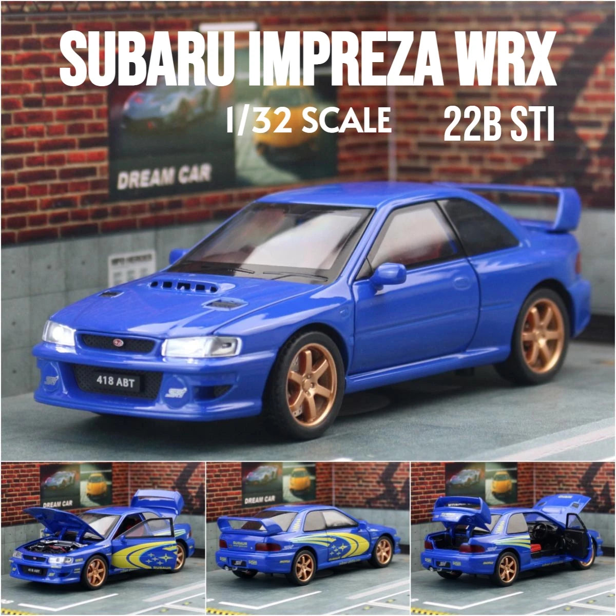 1/32 Subaru Impreza WRX 22B STI JDM Super Car Model Diecast Metal Vehicle Miniature Pull Back Display Collection Gift Boyfriend