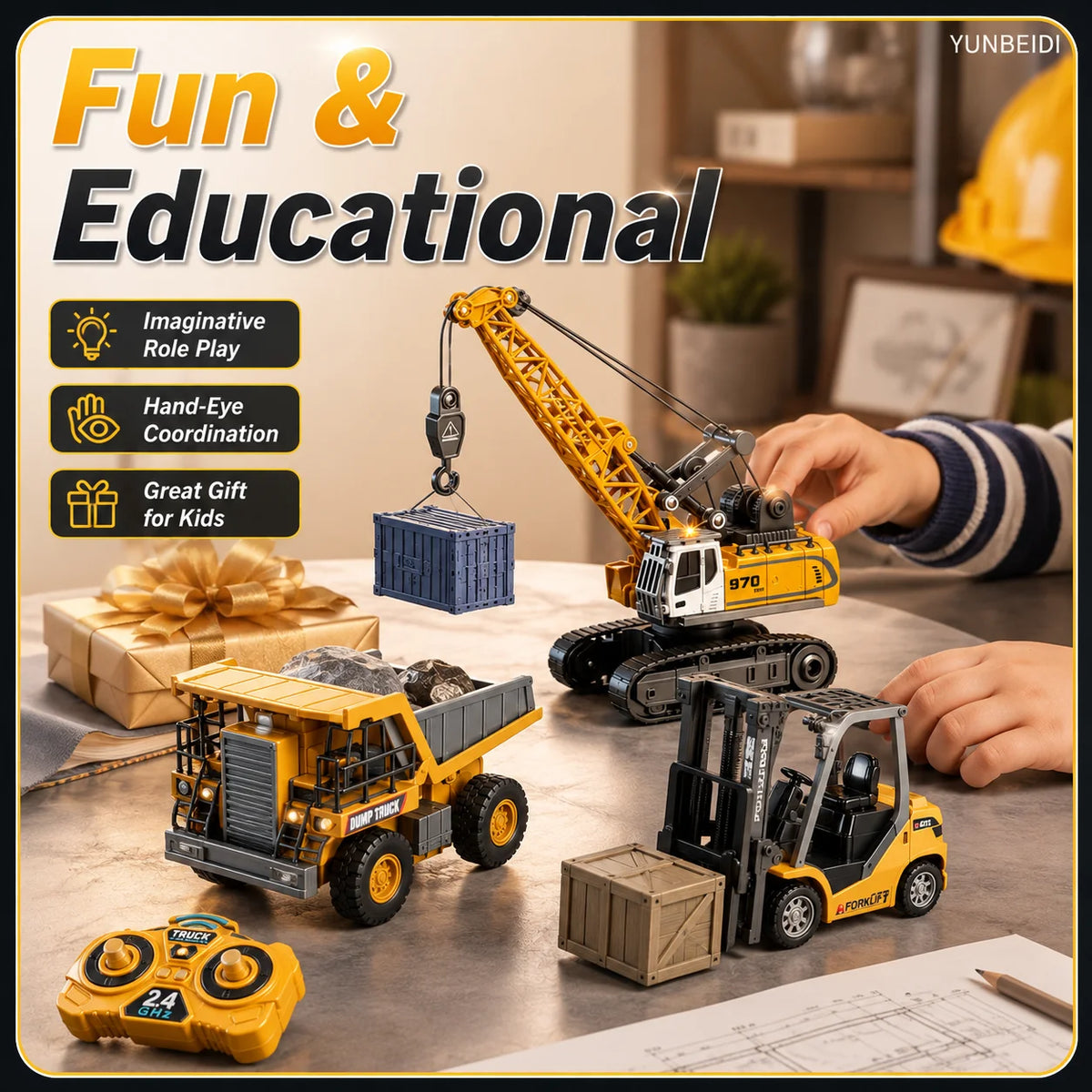 1:64 2.4G RC Mini Alloy Car Forklift with Trailer Excavator Desktop Game Remote Control Engineering Lift Truck Child's Toy Gifts