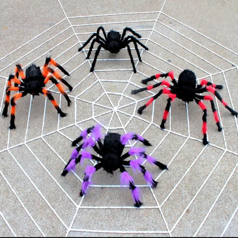75/150/200cm Halloween Plush Simulation Spider Colorful Black Ghost House Bar Scary Big Spider Outdoor Decor Props Spider Web