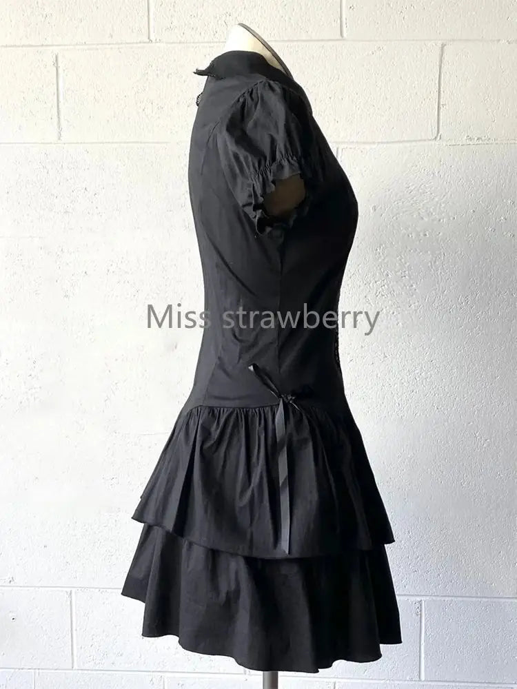 Women’s Vintage Black Short Sleeve Patchwork Gothic Dress