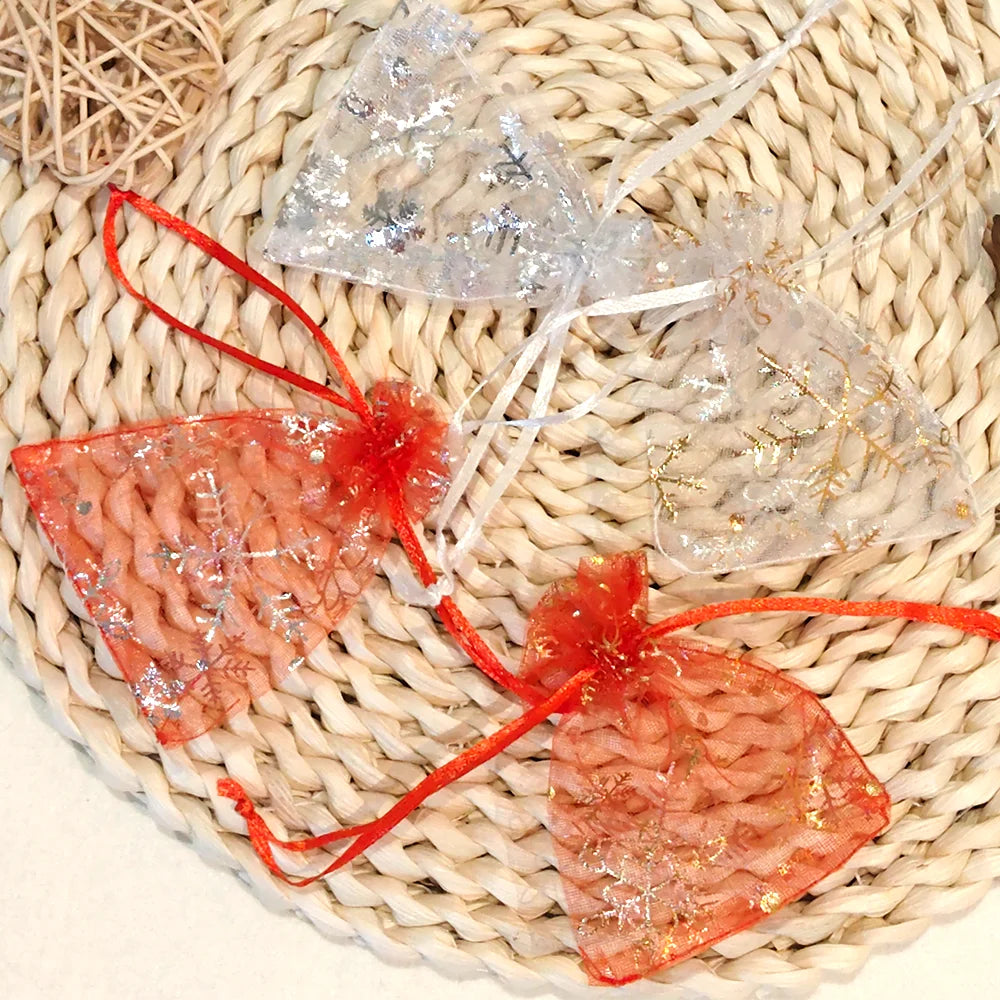 25/50/100pcs Hot Printing Organza Gift Bag For Jewelry Snowflake Drawstring Pouches For Wedding Christmas Party Candy Packing