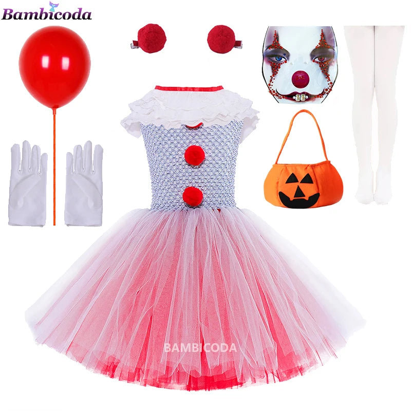 Girls Gray Clown Tutu Dress Halloween Costume