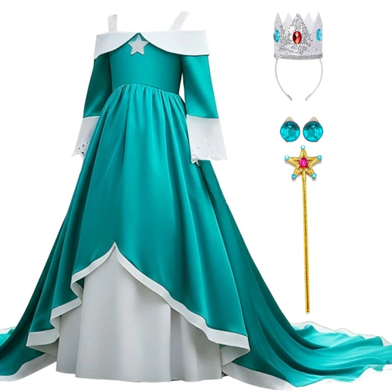 Girls Blue Galaxy Princess Long Dress Halloween Costume