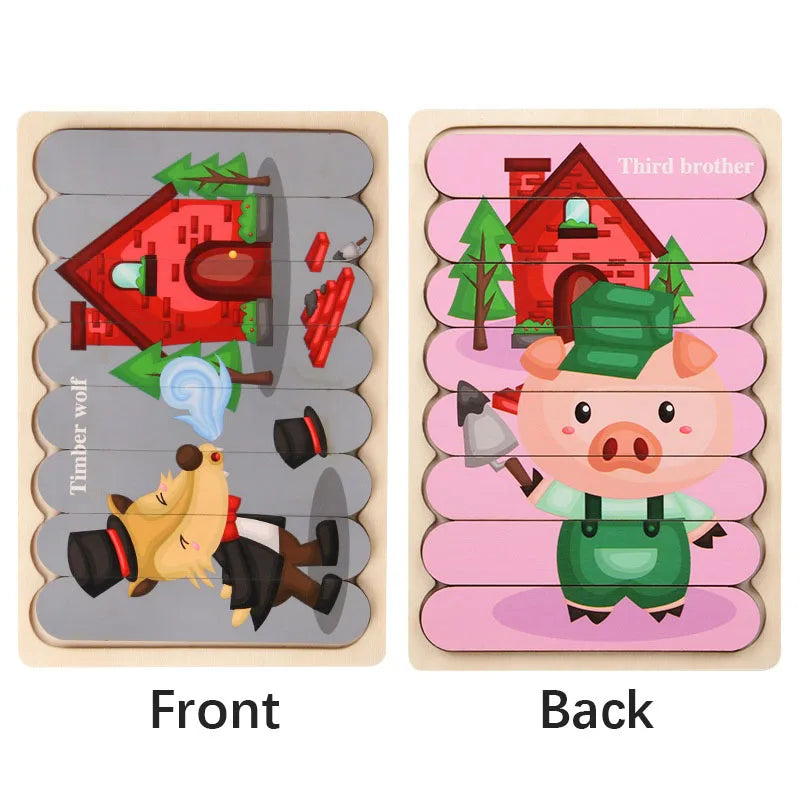 Cartoon Animal Double-sided Strip Wooden Puzzles Kids Montessori Jigsaw Game Baby Educational Toys for Children