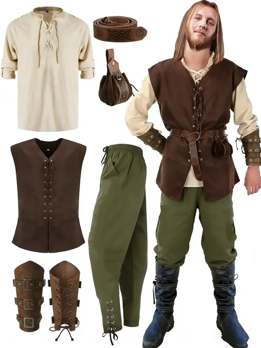 Men’s Renaissance Medieval Costume Set with Vest & Belt
