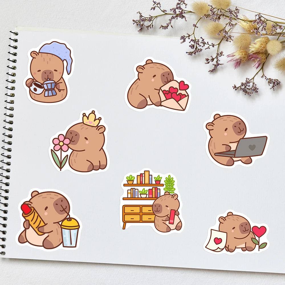 Cute Cartoon Capybara Stickers Kids DIY Toys Gift Decorative Decal for Scrapbook Junk Journals Laptop Luggage Waterproof