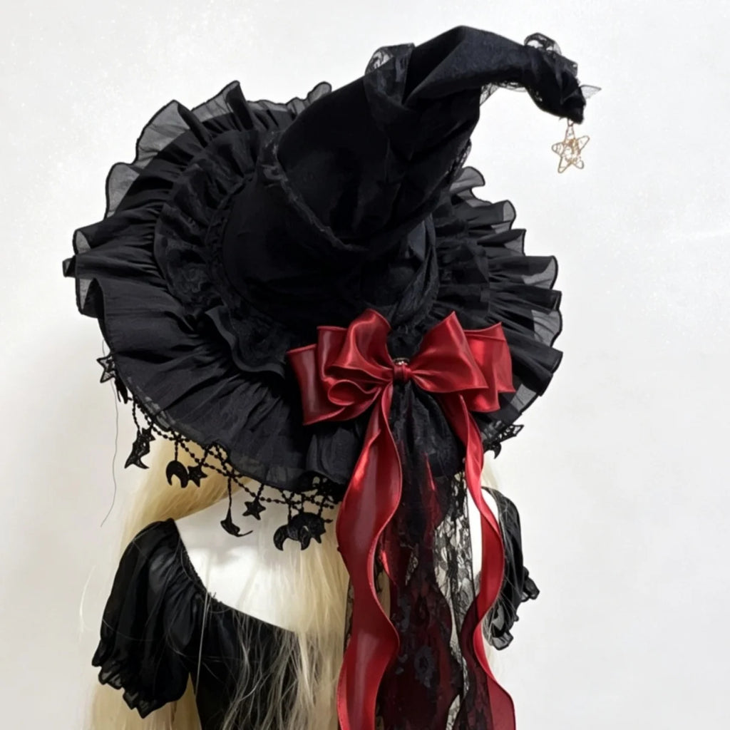 Lace Velvet Witch Hat with Lace Trim and Moon Pendant for Halloween Costume Party Masquerade Cosplay Party Accessory