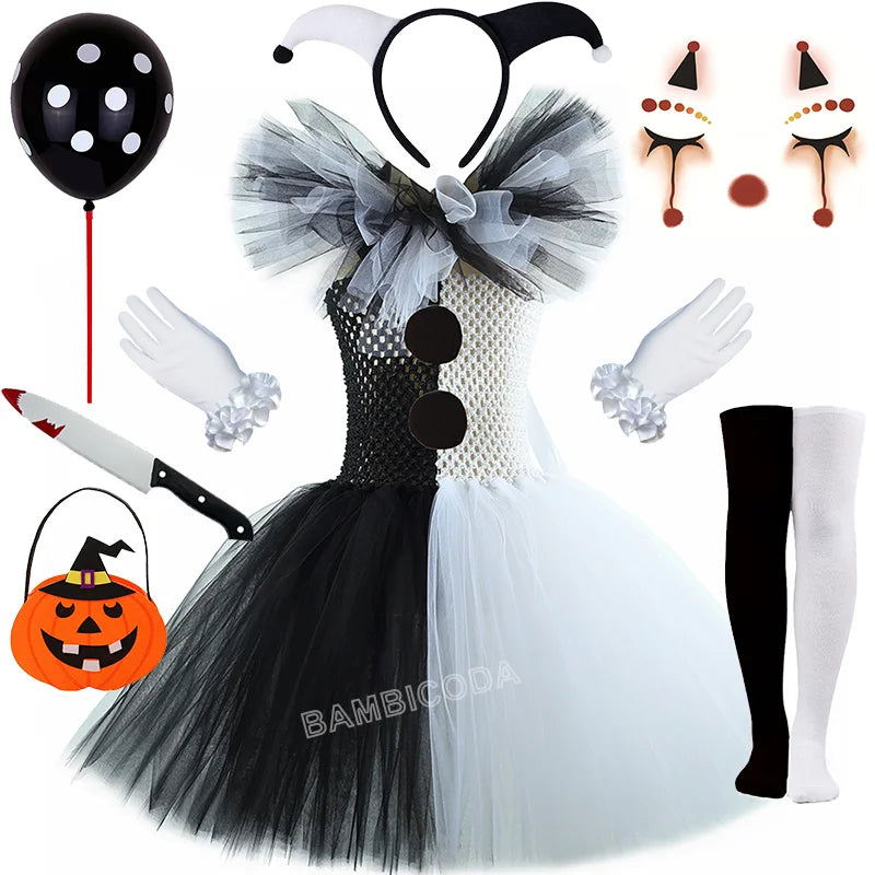 Girls Black White Horror Clown Tutu Dress Costume