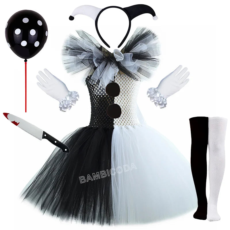 Girls Black White Horror Clown Tutu Dress Costume