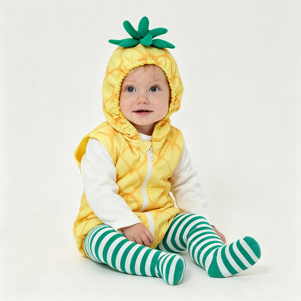 0-18M Baby Girls Boys Pineapple Costume Infant Bodysuit Short Romper Hoodie Purim Halloween Fancy Dress with Stockings