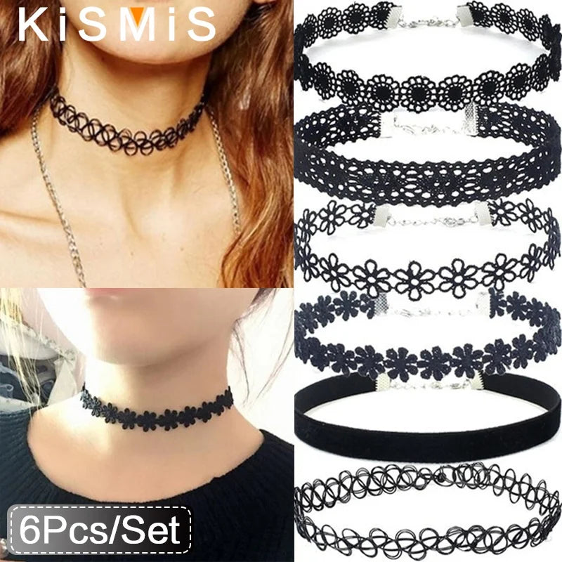 6-Piece Black Lace Choker Necklace Set Gothic Punk Style