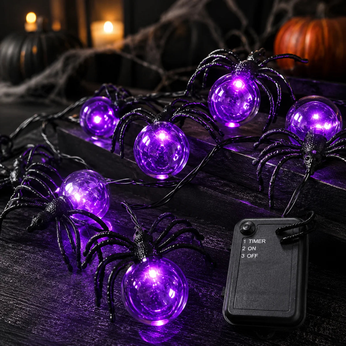 Halloween Lights Spider String Lights Battery Operated 5.2M 15LED Purple Fairy Garland for Porch Window Haunted House Decor