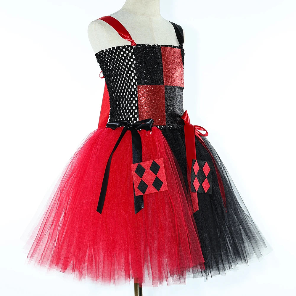 Girls Red Black Clown Costume Tulle Tutu Dress