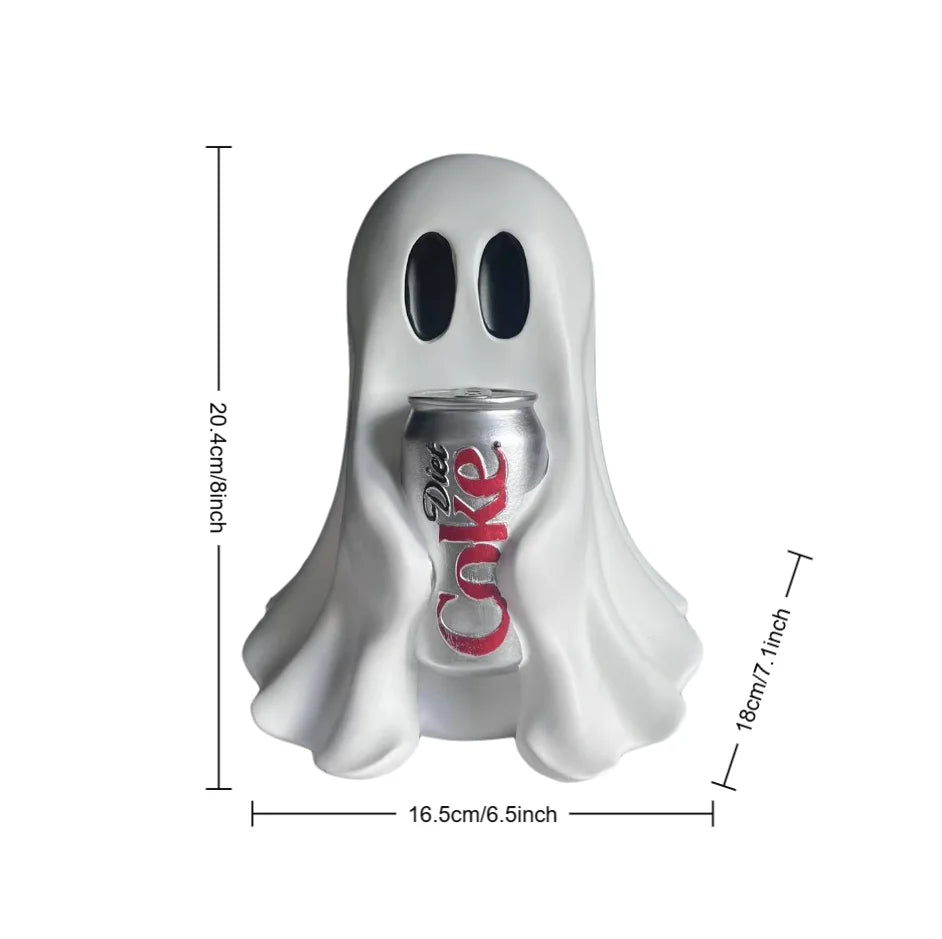 Cute Halloween Ghost Holding Soda Can, Funny Resin Figurine, Spooky Tabletop Decor for Desk Shelf Home Party Gift