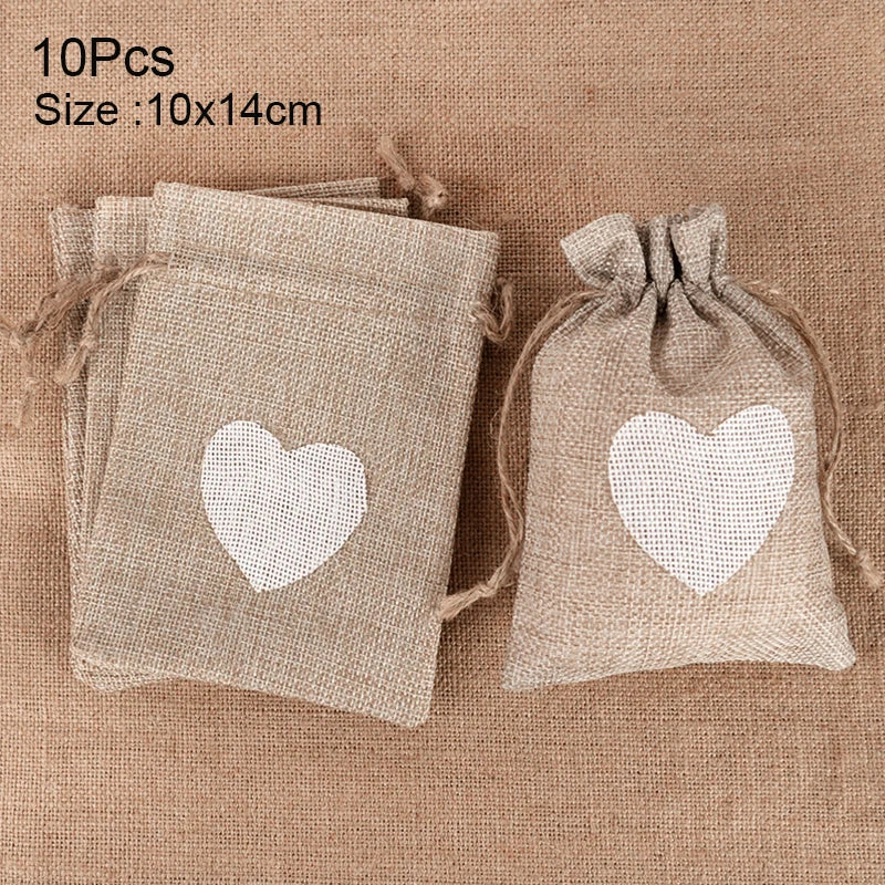 10Pcs Natural Linen Burlap Bag Heart Jute Drawstring Candy Gifts Packaging Bags For Wedding Birthday Party Decor Jewelry Pouches