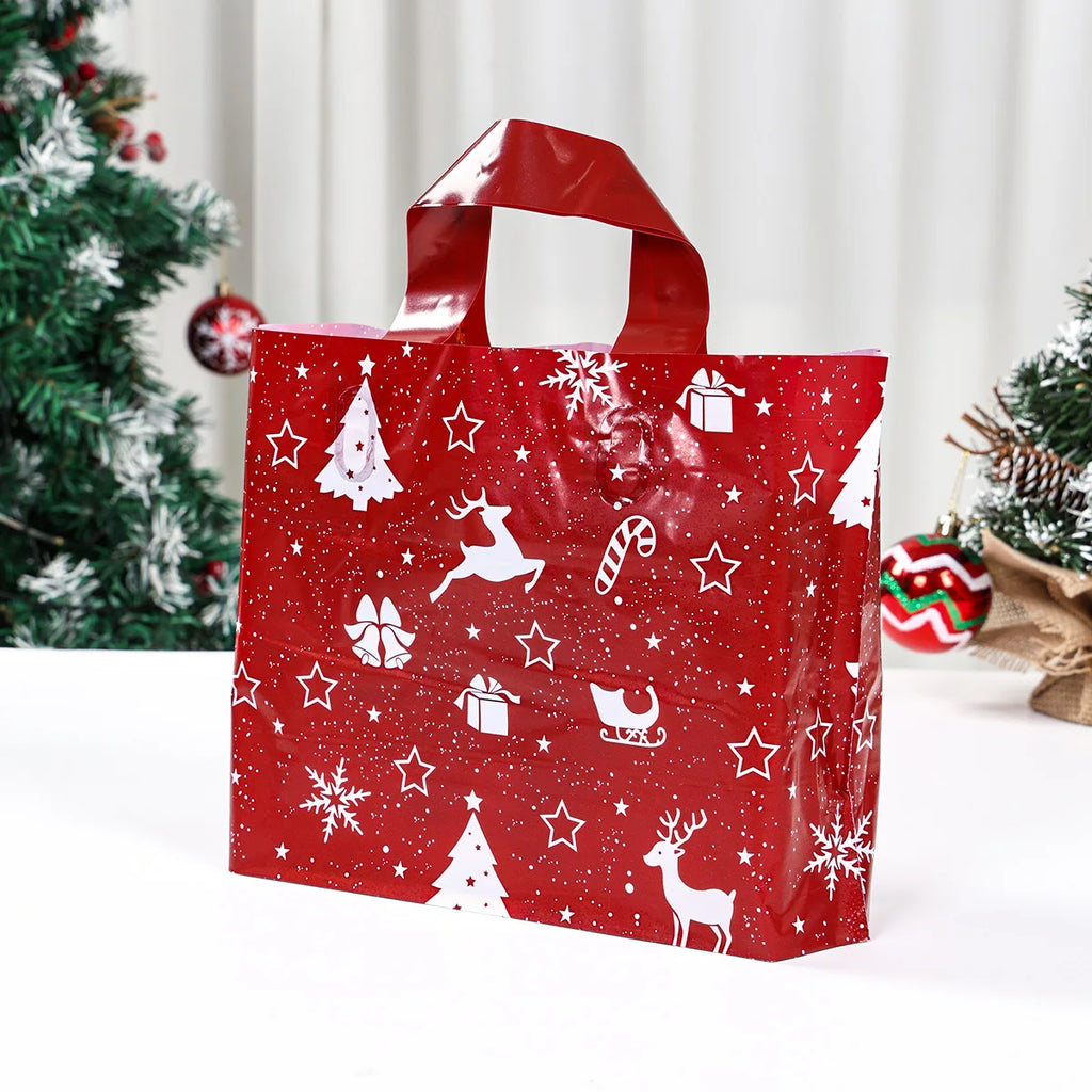 10/20pcs Christmas Gift Bags Red Elk Snowflake Tote Bag Children's Gift Bags Plastic Candy Cookie Bag Christmas Party Decoration