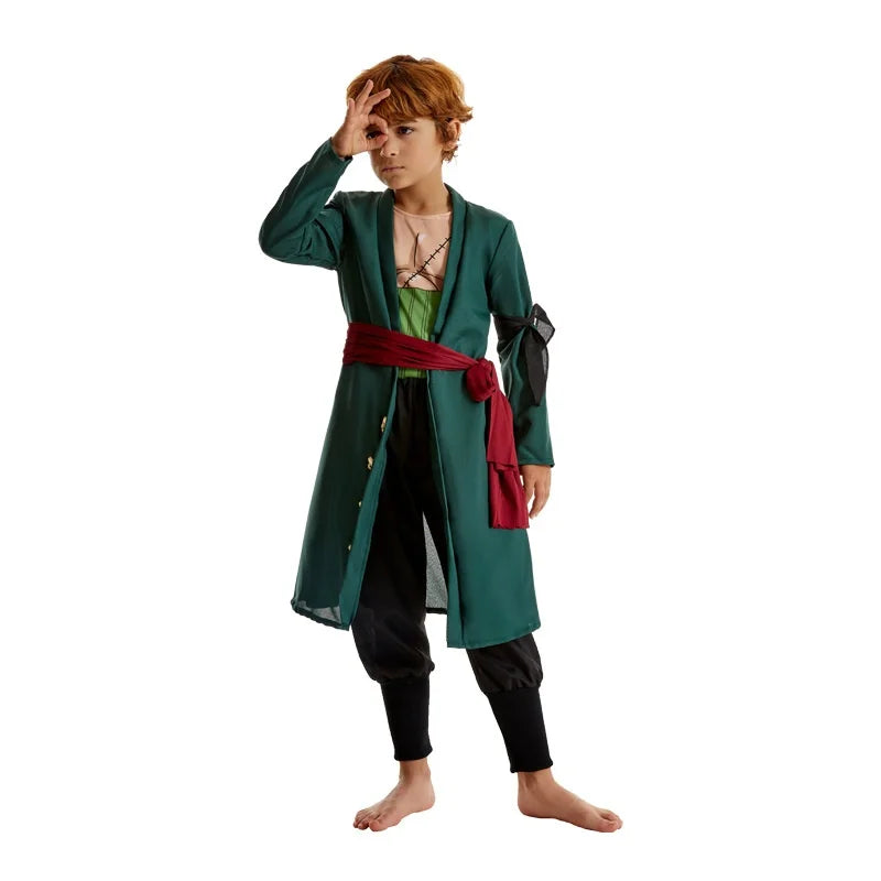 Men’s Green Anime-Inspired Cosplay Coat Pants Set