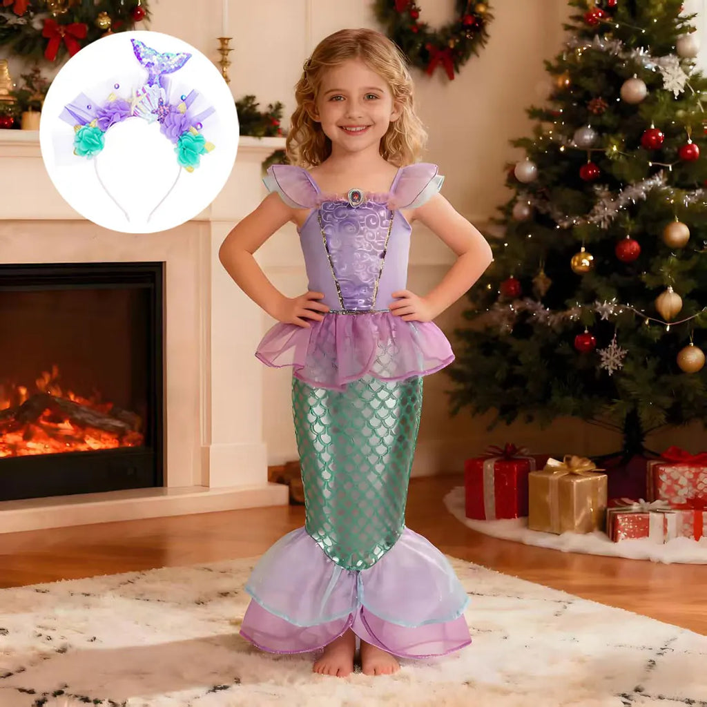 2026 Halloween Kid Purple Mermaid Dress Princess Perform Clothes Baby Girl Birthday Party Christmas Cosplay Dress Suit for Girls
