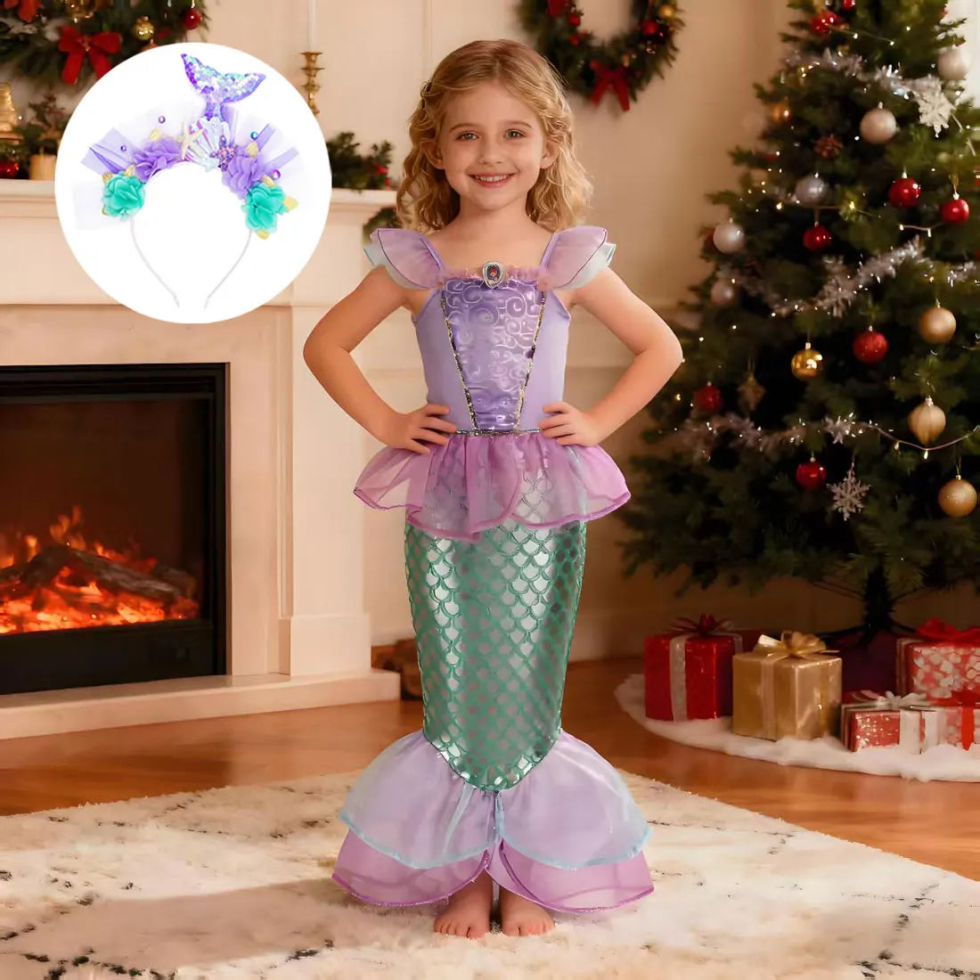 2026 Halloween Kid Purple Mermaid Dress Princess Perform Clothes Baby Girl Birthday Party Christmas Cosplay Dress Suit for Girls