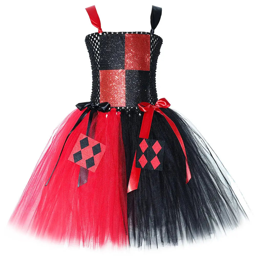 Girls Red Black Clown Costume Tulle Tutu Dress