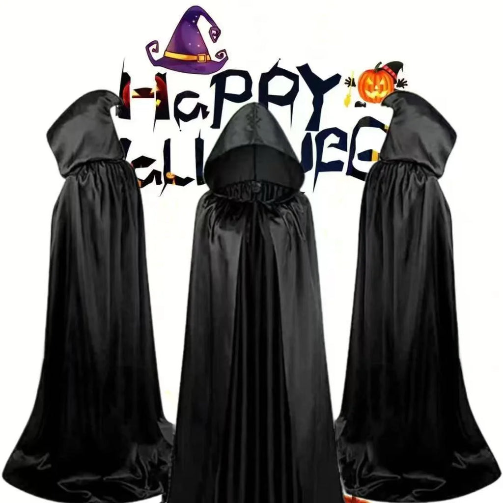 Halloween Cloak Soft Unisex Hooded Black Robe Witch Long Cape Cosplay Costume Prop Party Performance Supplies Holiday Decoration