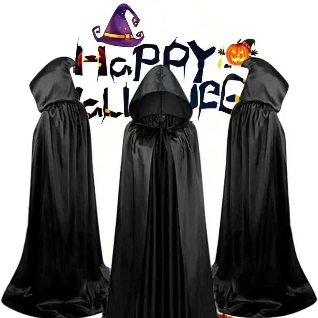 Halloween Cloak Soft Unisex Hooded Black Robe Witch Long Cape Cosplay Costume Prop Party Performance Supplies Holiday Decoration